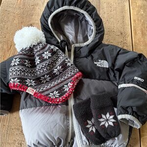 The North Face Kids' Black and Gray Down Jacket w/ Hat and Mittens Set